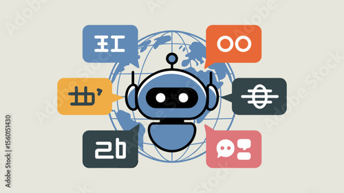 ai translation bot with multilingual speech bubbles around globe, vector illustration for multilingual support, global communication and language localization