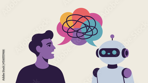 man speaking complex language to an ai robot, vector illustration for natural language processing, nlp understanding nuance and chatbot communication