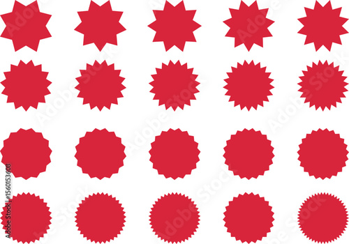 Red Starburst. Circle sale sticker set. Wavy edge promo red badges. Special offer price tag. Red starburst promotional badge set. shopping labels