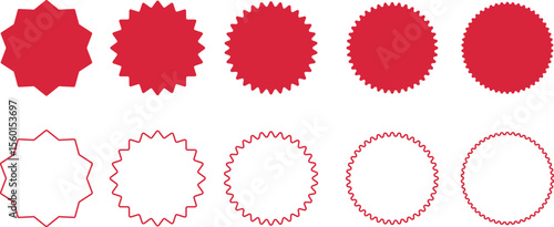 Red Starburst. Circle sale sticker set. Wavy edge promo red badges. Special offer price tag. Red starburst promotional badge set. shopping labels