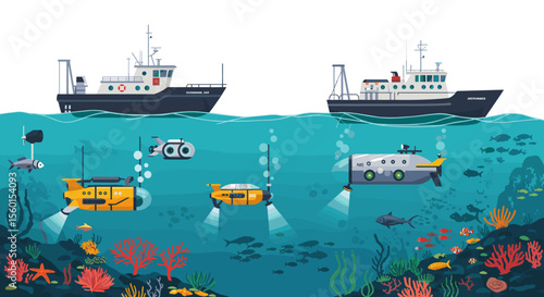 Underwater exploration ships and submarines vector illustration for educational design