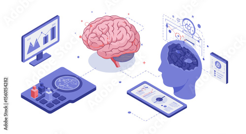 Isometric vector illustration of brain analysis and technology interface for educational design