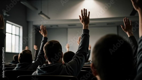 Students Raise Hands in Dark Lecture Hall