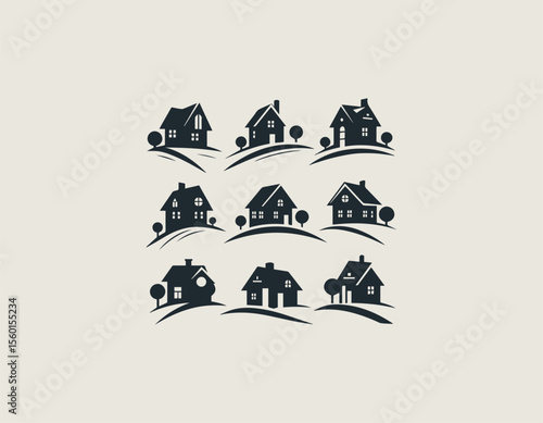 Collection of diverse black house silhouettes gracefully situated on gentle curved landscapes. Real estate concept