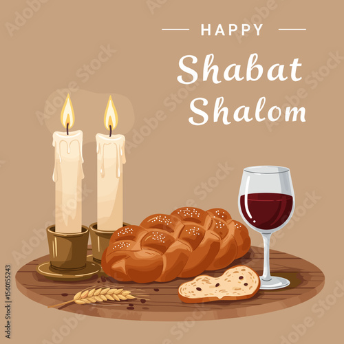 Shabbat Shalom card with candles, challah bread, and wine in warm tones  