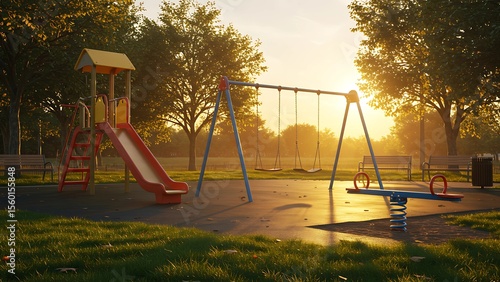 A quiet playground at sunset with a red slide, blue swing set, and seesaw surrounded by golden light, trees, benches, and soft evening shadows, evoking calm and nostalgia.