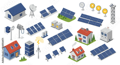 Isometric vector illustration of renewable energy systems and smart grid elements for sustainable design