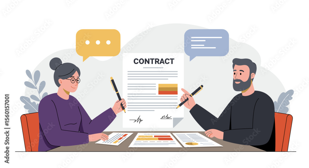 Business meeting vector illustration with diverse characters discussing a contract for print and web design Business meeting vector illustration with diverse characters discussing a contract for print and web design