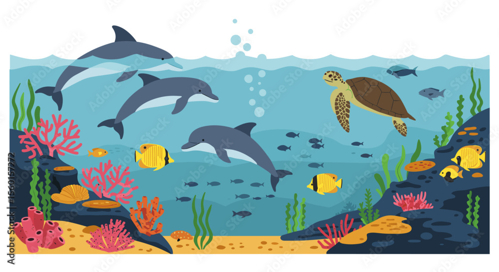 Obraz premium Underwater world vector illustration featuring marine life with dolphins and turtle for ocean-themed decor