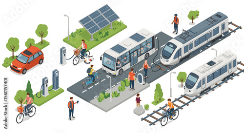 Sustainable urban transport vector illustration: eco-friendly public transit and cycling in isometric style