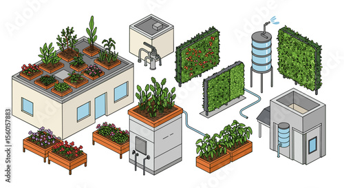 Sustainable urban farming system vector illustration in isometric style for design and print