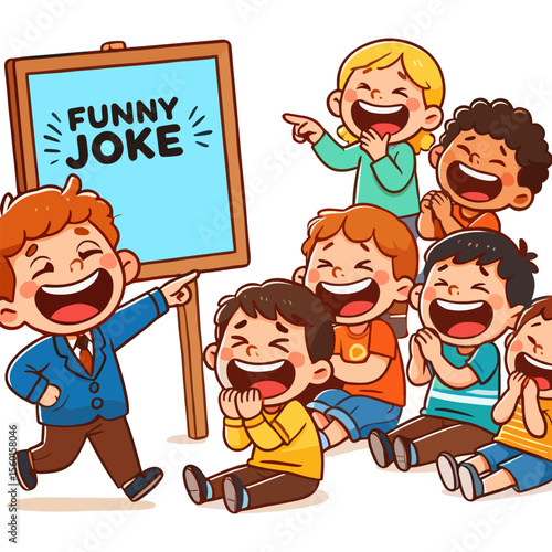 Cartoon Teacher Telling Funny Jokes To Cheerful Children Illustration