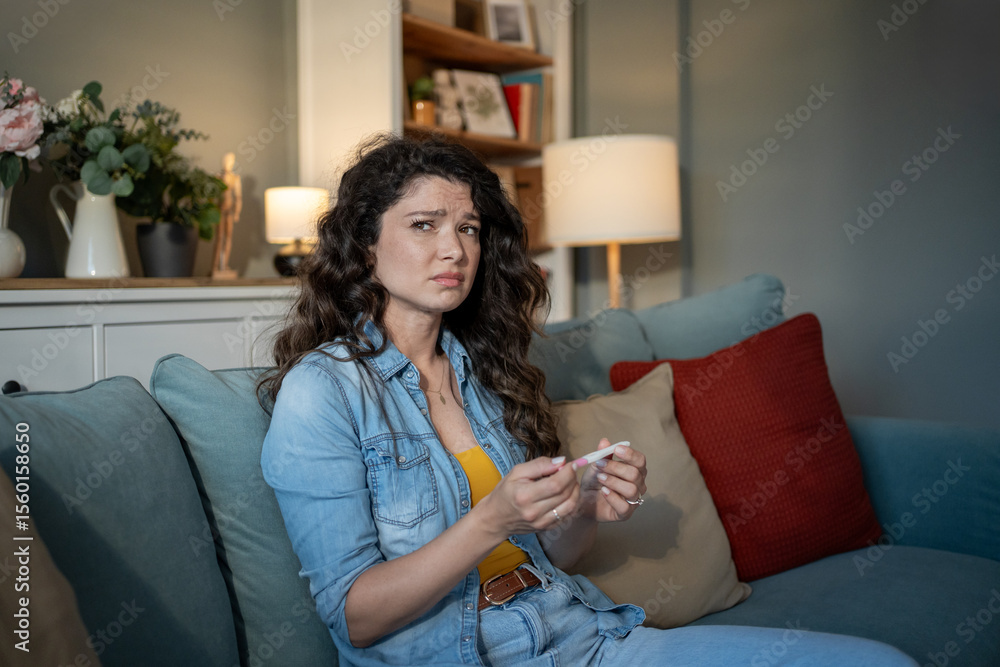 Worried woman holding pregnancy test sitting on sofa at home Worried woman holding pregnancy test sitting on sofa at home