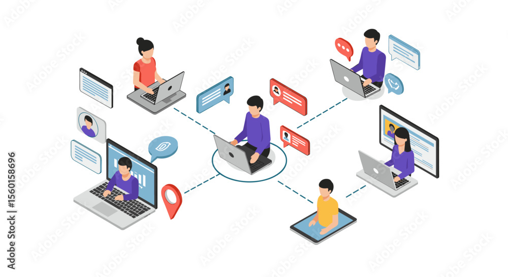 Remote work and communication concept vector illustration in isometric style for digital collaboration design Remote work and communication concept vector illustration in isometric style for digital collaboration design