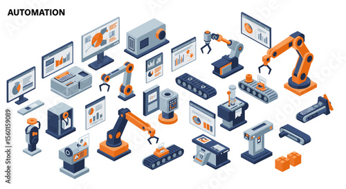 Isometric vector illustration of industrial automation equipment for technology design