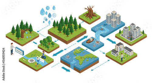 Water cycle and urban planning concept, vector illustration in isometric style for educational and environmental design