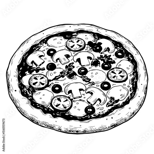 Delicious Pizza Illustration: An appetizing, detailed illustration showcases a perfectly crafted pizza, boasting a generous topping of fresh ingredients for a delightful culinary experience.