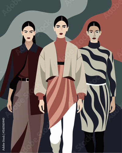 A fashion editorial featuring models wearing exaggerated distorted clothing reflecting a warped sense of reality in the fashion industry.. Vector illustration