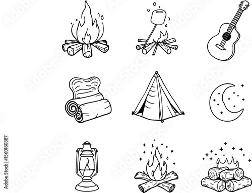 Black-and-White Vector Illustration of Camping Nights – 9-Icon Set Featuring Fireside and Tentside Essentials