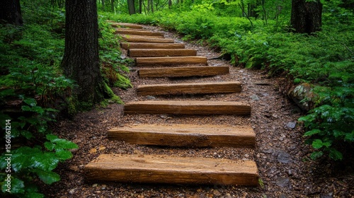 Wooden stairs climb upwards on a forest path through dense green foliage. Use this to promote nature walks, outdoor adventures, or a tranquil escape.