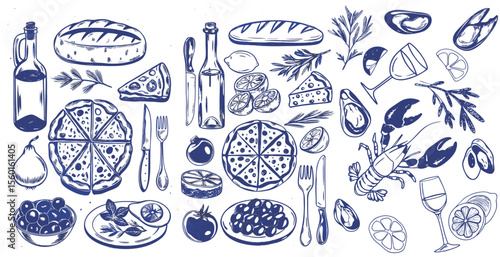 Vintage Illustration of Mediterranean Cuisine and Seafood. This image features a collection of hand-drawn, vintage-style illustrations depicting various Mediterranean food items.