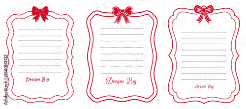 Three Elegant Decorative Lined Note Paper Templates with Red Bows. This image showcases three blank lined note paper templates, each framed with a decorative, ornate border and a charming red bow.