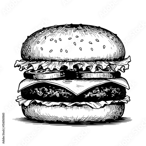 Delicious Cheeseburger Sketch: A mouthwatering illustration of a classic cheeseburger, featuring a juicy patty, melted cheese, crisp lettuce, and ripe tomato, all nestled in a sesame seed bun.
