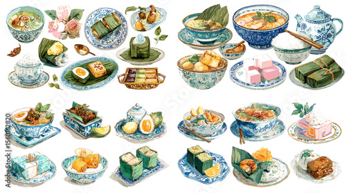 Elegant watercolor illustrations of Peranakan and Nyonya cuisine and desserts like kuih, rice, and eggs served on vintage porcelain plates and banana leaves.

