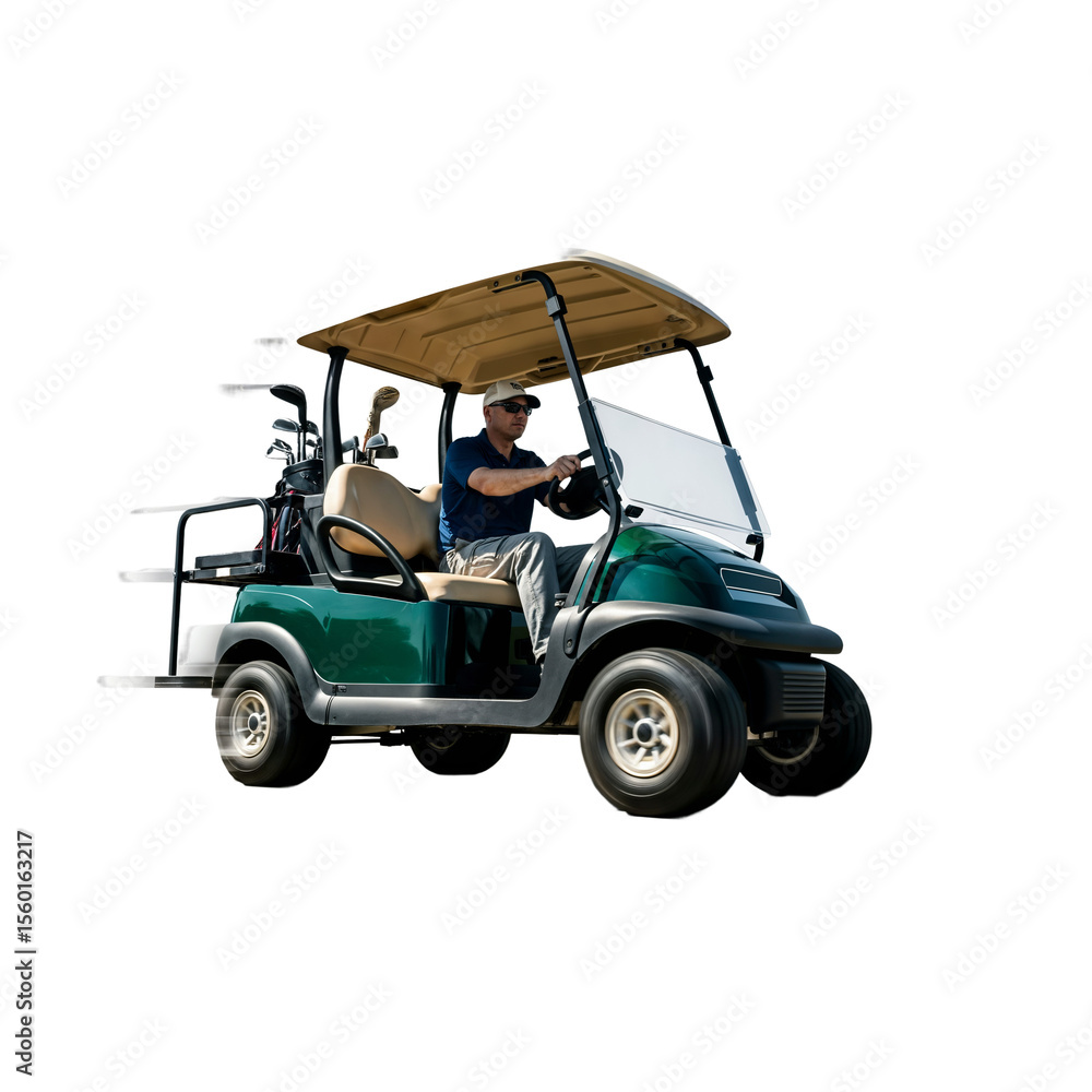 A man drives a green golf cart. He is wearing a cap and casual clothing. The background is transparent, highlighting the golf cart and the driver. A man drives a green golf cart. He is wearing a cap and casual clothing. The background is transparent, highlighting the golf cart and the driver.