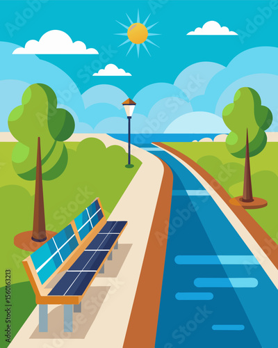 A riverside walkway with solarpowered benches tered along the path providing a peaceful oasis for walkers or joggers to rest and recharge while soaking up some sun.. Vector illustration