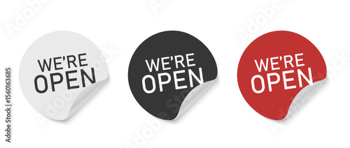 Vector illustration of red round open sticker with curled corner and bold text isolated on white background perfect for shop ads and promotional design.