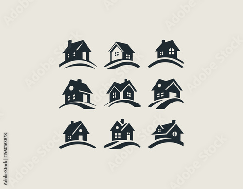 Collection of diverse black house silhouettes gracefully situated on gentle curved landscapes. Real estate concept