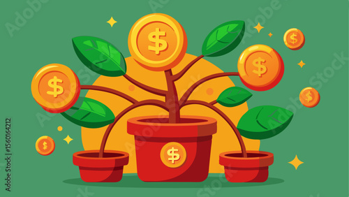 Cartoon illustration of a Chinese money plant with dollar coins growing on branches in red pots with sparkling golden accents