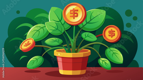 Cartoon illustration of a Chinese money plant in a red pot with coin-like golden symbols growing among green leaves
