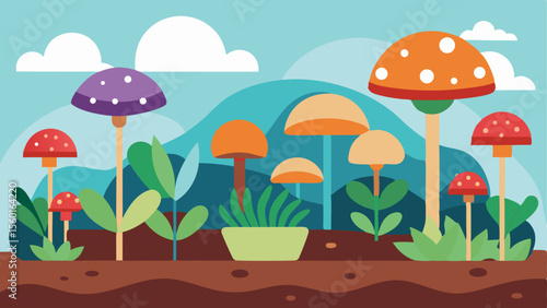 Colorful illustration of a whimsical myco garden with various mushrooms, plants, and soil in a natural outdoor setting