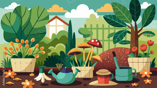 Colorful illustration of a myco garden with mushrooms, flowers, tools, watering can, and plants in a vibrant backyard setting
