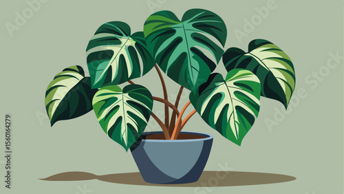 Cartoon illustration of a monstera deliciosa plant with large variegated green leaves in a blue pot on a light background