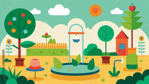 Bright illustration of a sensory garden with playful trees, water features, colorful elements, and interactive spaces in a cheerful natural setting