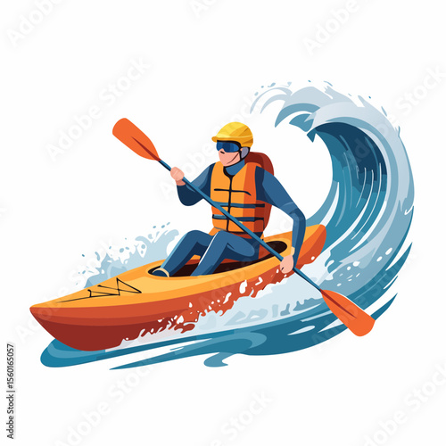Vector art of a kayaker navigating white-water rapids, splashing water elements