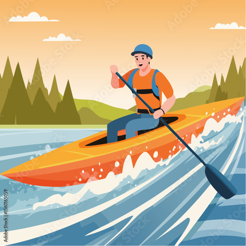 Vector art of a kayaker navigating white-water rapids, splashing water elements