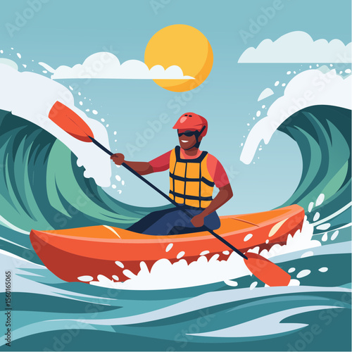 Vector art of a kayaker navigating white-water rapids, splashing water elements
