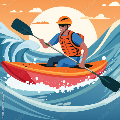 Vector art of a kayaker navigating white-water rapids, splashing water elements
