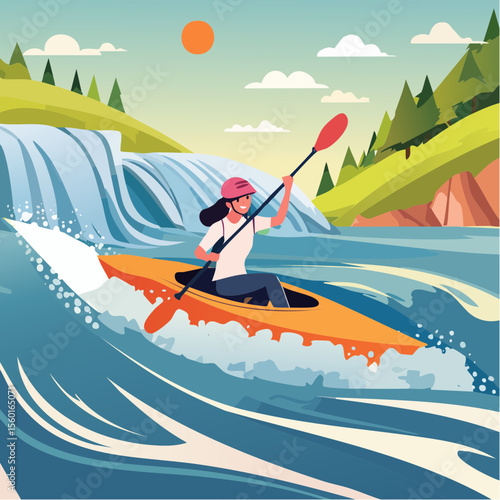 Vector art of a kayaker navigating white-water rapids, splashing water elements