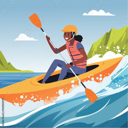 Vector art of a kayaker navigating white-water rapids, splashing water elements