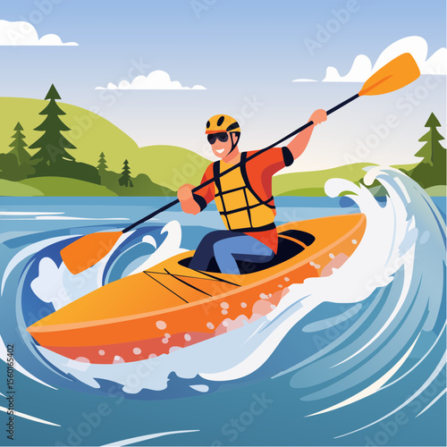 Vector art of a kayaker navigating white-water rapids, splashing water elements