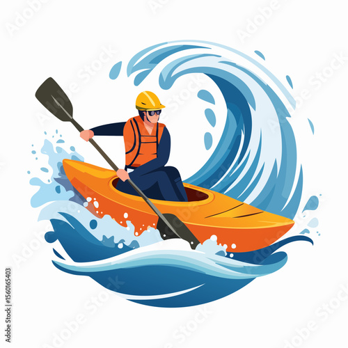 Vector art of a kayaker navigating white-water rapids, splashing water elements
