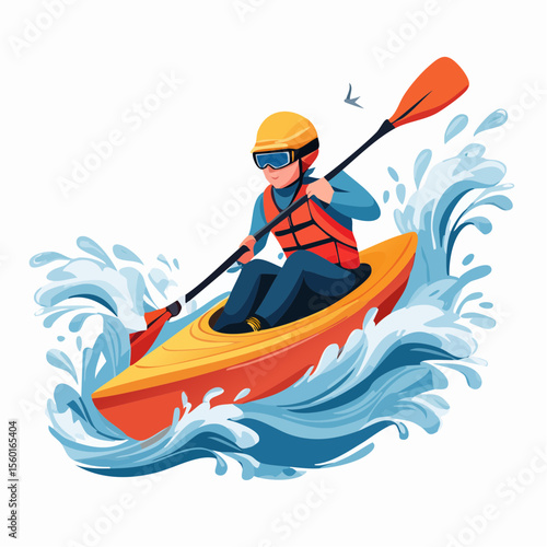 Vector art of a kayaker navigating white-water rapids, splashing water elements
