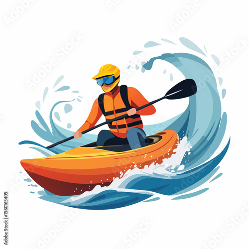 Vector art of a kayaker navigating white-water rapids, splashing water elements