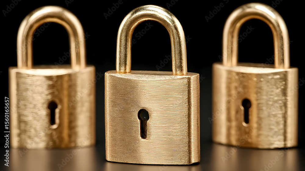Fototapeta premium Three Gold Padlocks on Dark Background: Security Concept