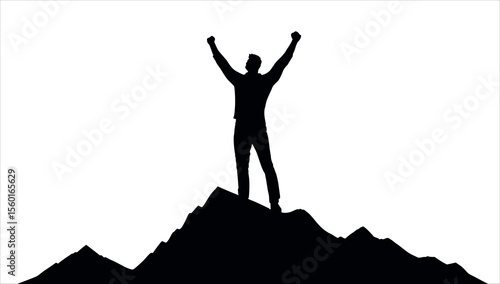 Silhouette of a person on a mountain, arms raised in victory and joy